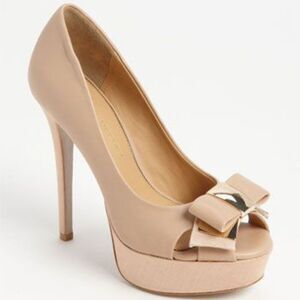 Badgley Mischka Conary Tan Peep-Toe Pump Heels with Bow Detail